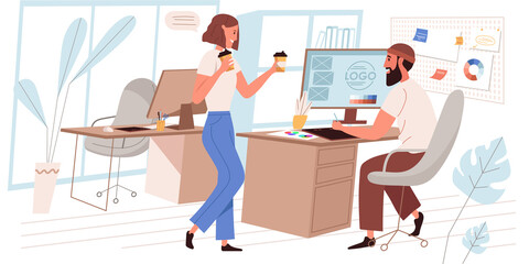 Designer company web concept in flat style. Employees at coffee break. Collaboration and teamwork at coworking office. People character activities scene. Vector illustration for website template