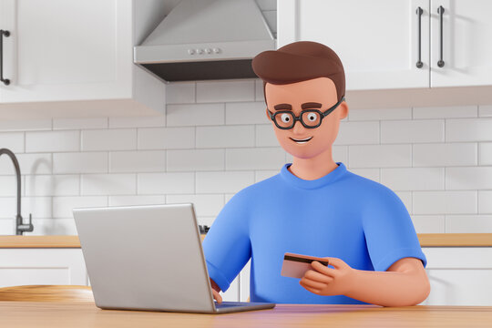 Cartoon character man in glasses paying with credit card and laptop online shopping at white cozy kitchen.