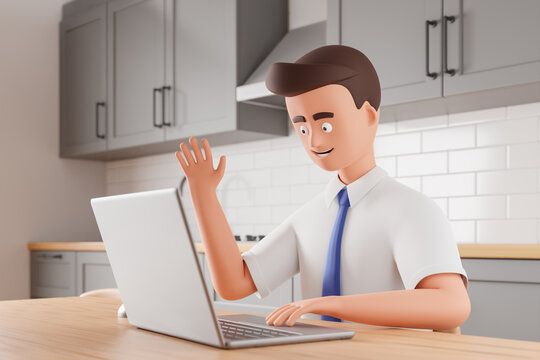 Cartoon business man in white shirt and blue tie work with laptop at home kitchen. Online video call conference concept.