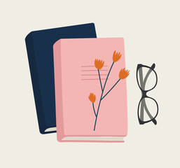 Vector illustration of books, glasses, and flowers. Hand-drawn set in flat style. The concept of objects for learning, reading. School tools.