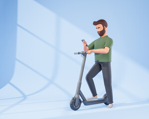 Cartoon beard character man use smartphone and black electric kick scooter over blue background with sunlight. © Foxstudio