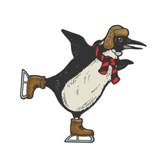 penguin on skates sketch raster illustration