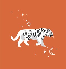 Hand drawn vector abstract stock graphic cartoon illustration with beauty cute celestial trendy wildlife white,moon tiger,moon and stars isolated on color background.Magic Boho clipart elements