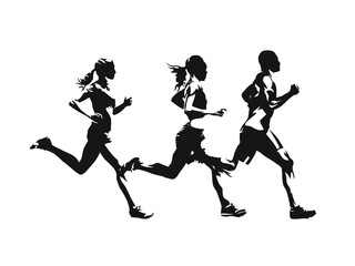 Fototapeta na wymiar Running people, isolated vector silhouette. Group of runners. Man and women. Run