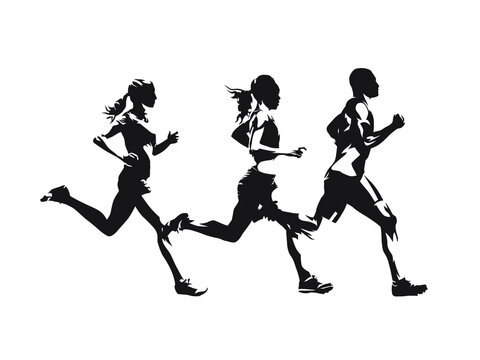 Running people, isolated vector silhouette. Group of runners. Man and women. Run