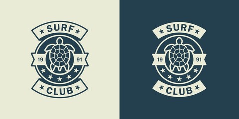 Set of color illustrations turtle, starfishes and text on the background. Vector illustration for emblem, sticker, label, poster, print. Surfing club symbol. Summer vacation at the sea.