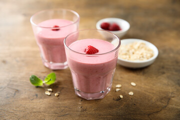 Traditional homemade raspberry smoothie or milk shake