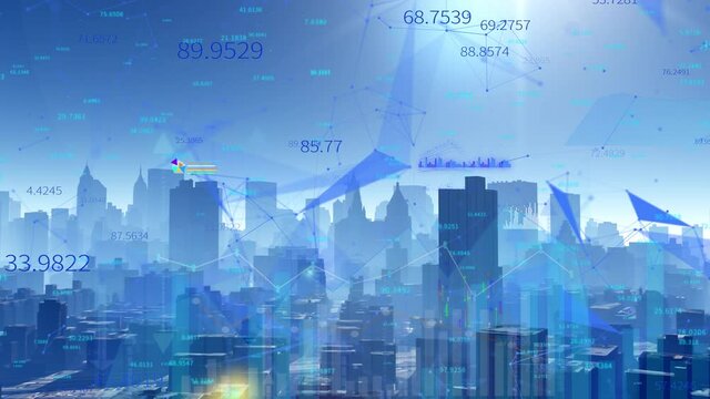 4k Big Data Digital City;flowing counters of numbers;Business digital Data;Stock Market;financial stock chart;Business tech Data trend hud Graph;Economic node line.