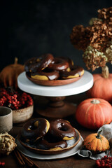 Pumpkin donuts with nutella glaze.