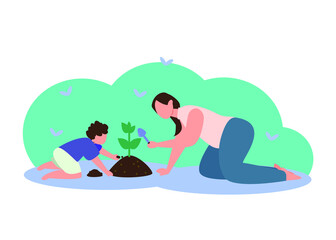 Mother and Child Growing Plants - Graphic Illustration