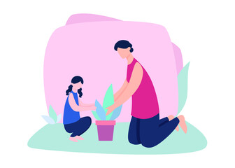 Mother and Daughter Growing Plants - Illustration