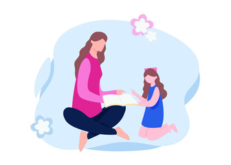 Mother and Daughter Reading Book - Illustration