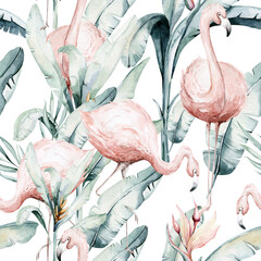 Tropisches nahtloses Muster mit Flamingo. Aquarell tropische Zeichnung, Rosenvogel und Grünpalme, tropische grüne Textur, exotische Blume