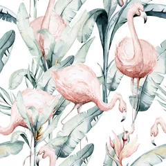 Tuinposter Tropische print Tropisch naadloos patroon met flamingo. Aquarel tropische tekening, roze vogel en groen palmboom, tropische groene textuur, exotische bloem