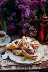 puffs with cottage cheese and rhubarb .outdoor photo