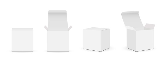Paper Square Boxes Mockups with Opened and Closed Lid, Isolated on White Background, Front and Side View. Vector Illustration