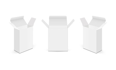 Set of Cardboard Rectangular Boxes Mockups with Opened Lid, Isolated on White Background, Front and Side View. Vector Illustration