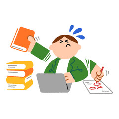 仕事が忙しくて困っている男性の塾講師
