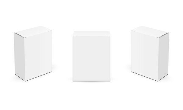 Set of Paper Rectangular Boxes Mockups Isolated on White Background, Front and Side View. Vector Illustration