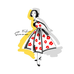 Cute girl in retro flowers dress of the 50s on a yellow background. Fashion brush graphic. Hand drawn style print. Vector illustration.
