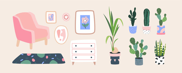 Living room furniture. Home plants in flowerpot. Houseplants isolated. Trendy hugge style, vintage urban jungle decor. Hand drawn. Set collection. Green, pink, yellow, beige, blue color. Print, poster