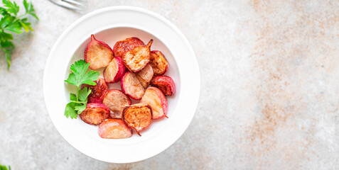 radish fried vegetable original recipe vegetables diet veggie vegan or vegetarian food on the table healthy food meal snack copy space food background rustic top view