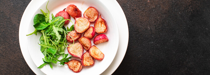 radish fried vegetable original recipe vegetables diet veggie vegan or vegetarian food on the table healthy food meal snack copy space food background rustic top view