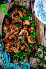 Roasted quail with spring vegetables