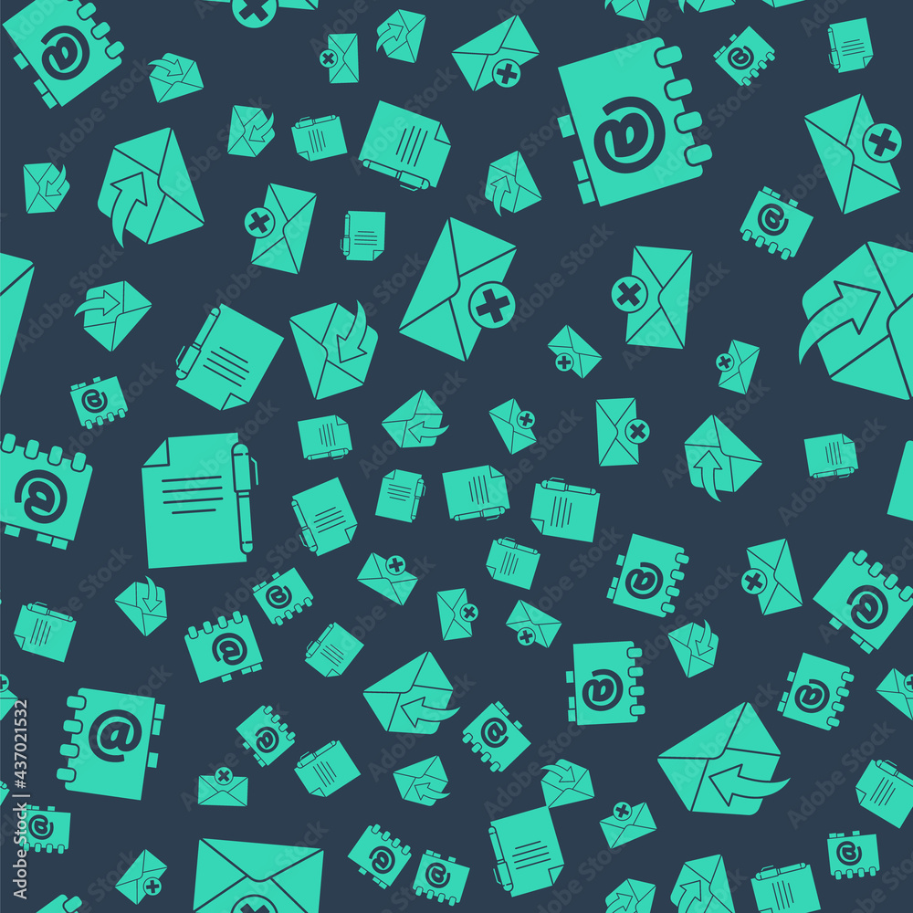 Poster set delete envelope, address book, document and pen and envelope on seamless pattern. vector