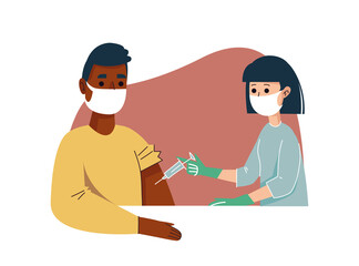 A female doctor in a protective mask injects a black man with a coronavirus vaccine. Vaccination against the virus and hepatitis in adults. Vector illustration in cartoon style. Isolated clipart