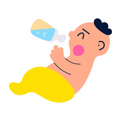 Baby with little bottle. Flat vector icon illustration on white background.