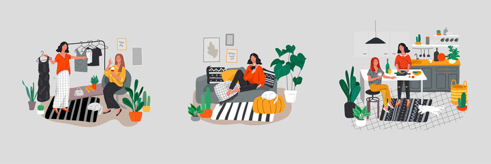 Set of beautiful girl in daily life scenes. Young woman shopping, makes up, sleeping, relaxes, takes bath, chooses clothes, playing with cat, working, watering flower. Flat cartoon vector