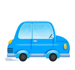 Fotobehang Blue cartoon car. The auto character is cute and funny. Print for a boy. Illustration isolated on white background clipart © GreenPencil