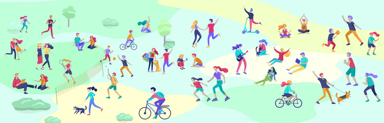 People Spending Time, Relaxing on Nature, family and children performing sports outdoor activities at park, walking dog, doing yoga, riding bicycles, tennis workout. Cartoon vector