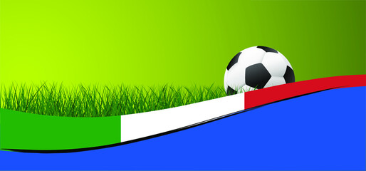 Football with flag of italy on green soccer grass field. Vector background banner. Sport finale wk, ek or school, sports game cup. 2021