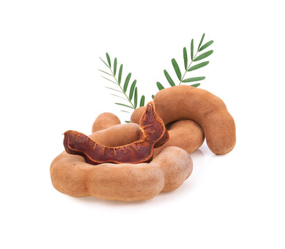 Tamarind fruits with green leaves isolated on white background.