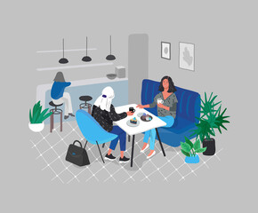 Girlfriends sitting in cafe or bar eating sweets, drinking coffee and talking. Daily life and everyday routine scene by young woman in scandinavian, style cozy interior with homeplants. Cartoon vector