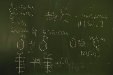 Blackboard with chemical formulas close-up. The concept of education. background. advertising of...