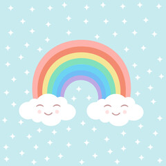 Rainbow with cute clouds and white stars on an isolated blue background. Vector illustration for fabrics, textures, wallpapers, posters, stickers, postcards. Childish fun print.