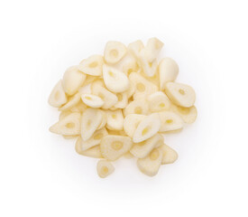 Heap of chopped garlic isolated on white background