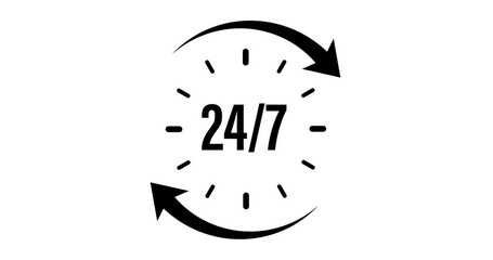 round clock working hours 24 7, arrow turning around white background