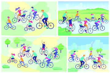 People riding bicycles, man waving his hand, mother riding bicycles with child. People cycling outdoor activities concept at park, healty life style. Cartoon illustration