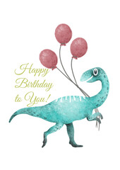 Baby birthday card. Cute dino with pink balloons smiles, celebration, fun, gifts. Funny greeting card for kids