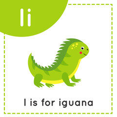 Learning English alphabet for kids. Letter I. Cute cartoon iguana.