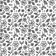 Seamless pattern with hand-drawn flowers with leaves. Hand drawn doodle fabric, gift wrap, wall art design.