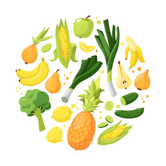 A set of fruits and vegetables in yellow, orange and green colors. The objects are arranged in a circle. vector food illustration isolated on white background. Tropical bright fruits.