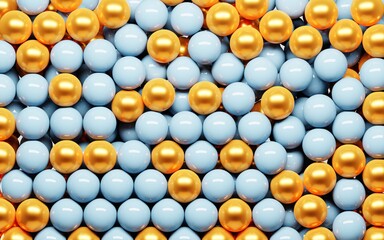 Abstract colorful background. Glossy light blue golden balls, candy dragee or sweet gumballs. Kid dry pool for fun games, pile plastic of toys for playground 3d illustration, mockup texture or pattern