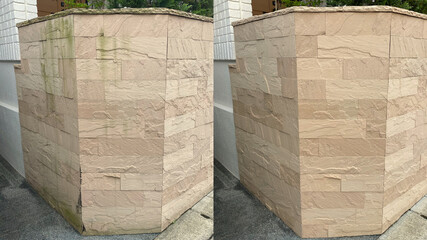 Before and after, cleaning on an old external natural marble wall