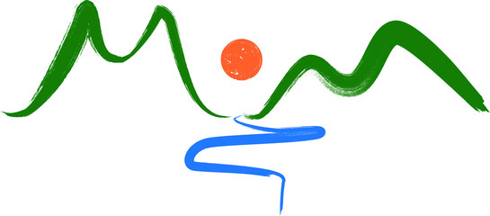 Landscape with mountains,forest,  river and waterfall. Outdoor vector illustration