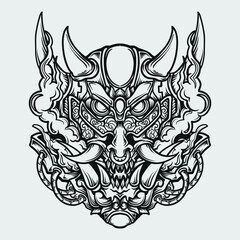 tattoo and t shirt design black and white hand drawn oni mask engraving ornament